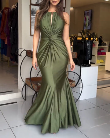 Women's Halter Tie Satin Maxi Dress Twist Front Cutout Backless Mermaid Cockail Dress Ruched Evening Party Dress