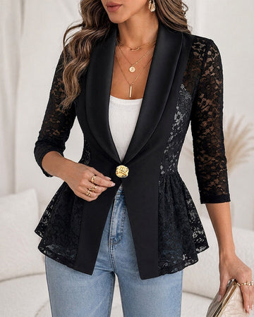 Women's Lace Patchwork Blazer Elegant Shawl Lapel Peplum Coat Single Breasted Three Quarter Sleeve Outwear