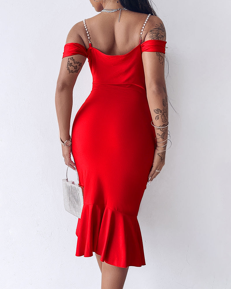 Women's Cold Shoulder Adjustable Pearls Straps Bodycon Dress Cowl Neck Asymmetrical Ruffle Hem Party Dress