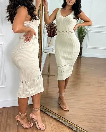 V-Neck Sleeveless Hollow-out Pattern Spliced Bodycon Dress Backless Side Slit Knit Dress