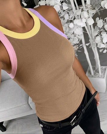 Women's Contrast Trim Ribbed Tank Top Slim Fit Sleeveless Round Neck Basic Camisole for Streetwear & Layering