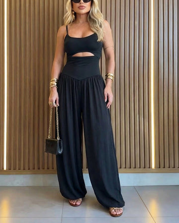 CHICME Women's Cut-out Waist Cami Jumpsuit Backless Tie-Back Lantern Romper Ruched High Waist Summer Jumpsuit