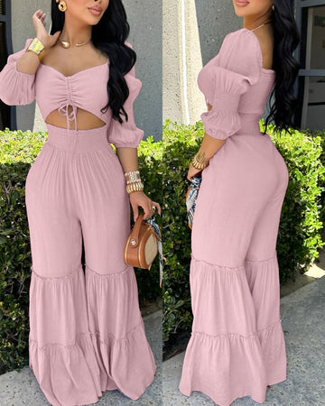 Sweetheart Neck Puff Sleeve Drawstring Front Shirred Overalls Casual Cutout Front Ruffle Hem Wide Leg Jumpsuit