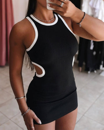 Women's Ribbed Knit Bodycon Mini Dress Halter Sleeveless Contrast Binding Hollow Out Sexy Party Club Dress