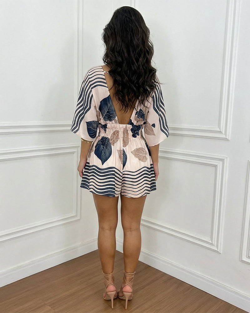 Tropical Leaves Print Overlap V Neck Batwing Sleeve High Waist Romper Casual Striped Spliced Backless Tie Back Shirred Waist Vacation Romper