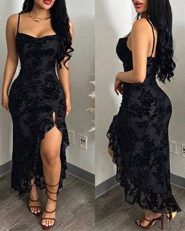 Women's Vintage Flocking Floral Maxi Dress Sexy Cowl Neck Cami Dress High Slit Backless Bodycon Evening Gown