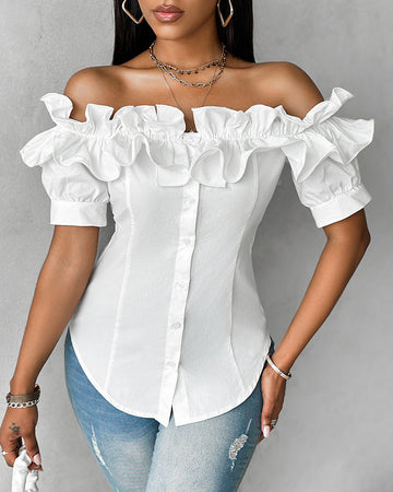 Ruffles Off Shoulder Short Sleeve Button Front Blouse Asymmetrical Hem Top