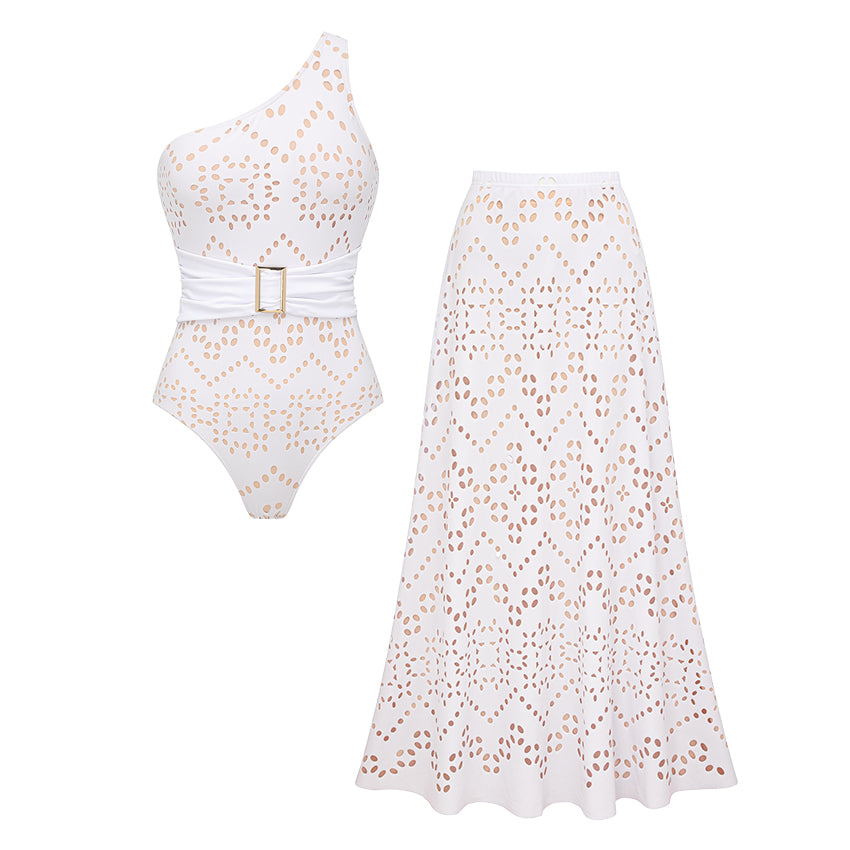 One Shoulder White Laser Cutting Flower Swimsuit Set(s)