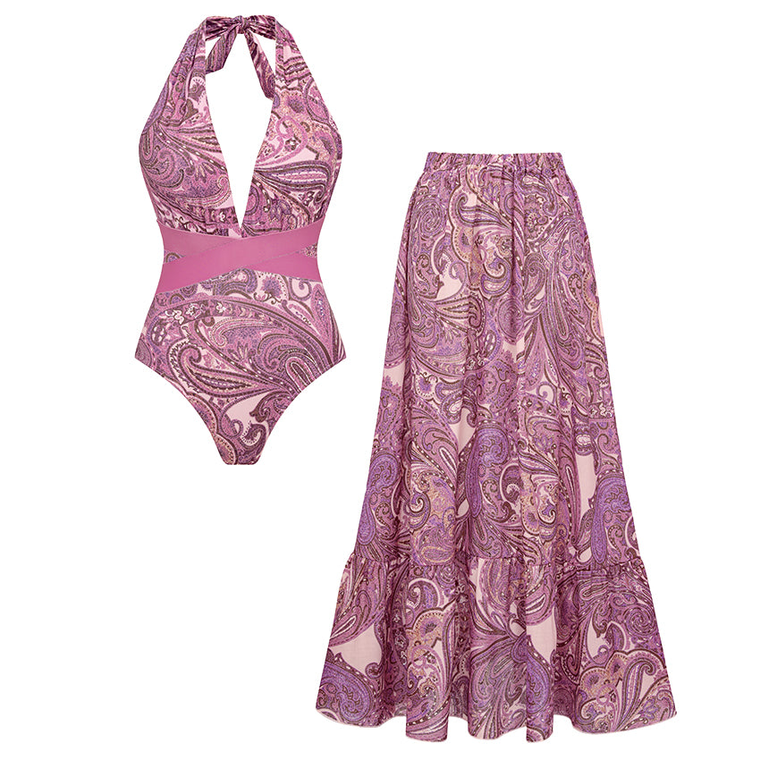 Halter Neck Purple Paisley Print Swimsuit Set(s)