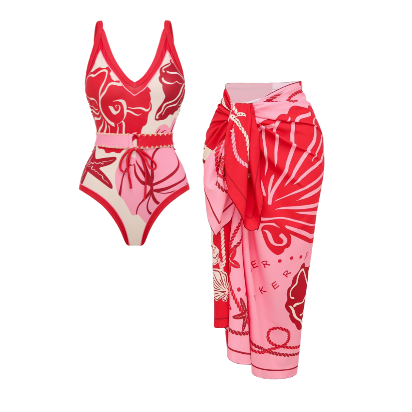 Pink Contrasting Color With Seashell Print Swimsuit Set(s)