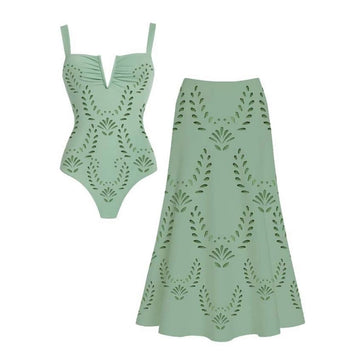 Laser Hollow Out One Piece Swimsuit and Skirt