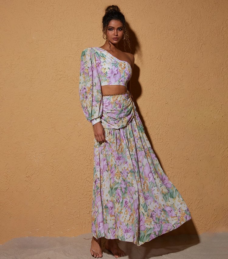 One Shoulder Cut out Blossom Printed One Piece Swimsuit and skirt Flaxmaker