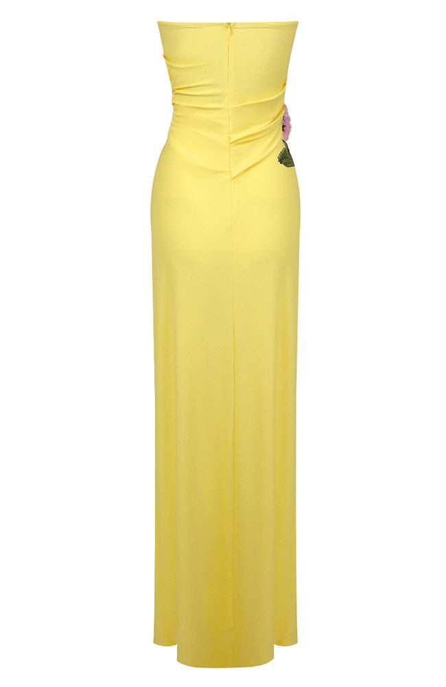 Strapless Floral Detail Maxi Dress Yellow