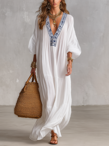 Bohemian White Embroidered V-Neck Crinkle Kaftan Maxi Dress