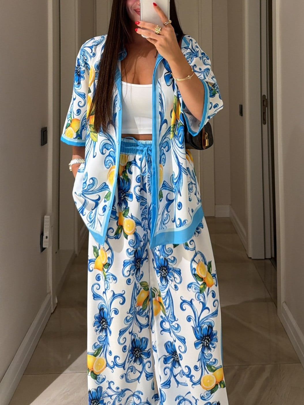 White And Blue Lemon Floral Print Shirt And Wide-leg Pants Suit