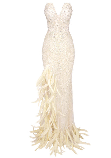 Strapless Crystal Sequin Feather Maxi Dress Ivory