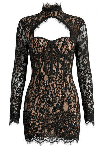 Long Sleeve Structured Lace Dress Black