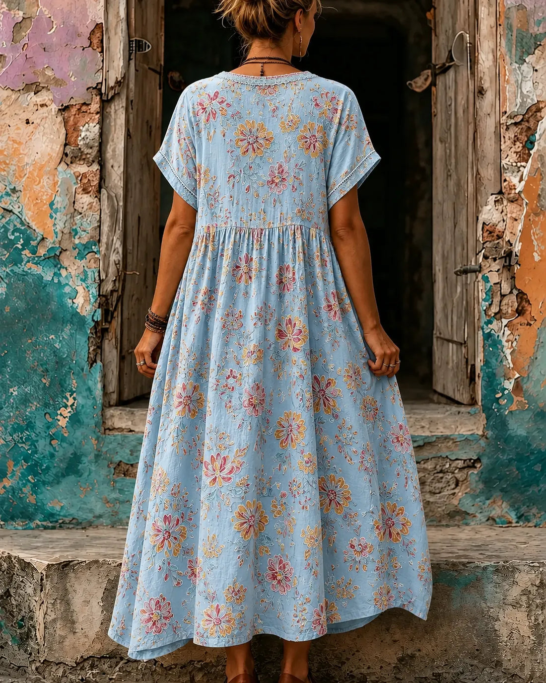 Women's Vacation Linen Boho Floral Print V-Neck Short Sleeve Maxi Dress