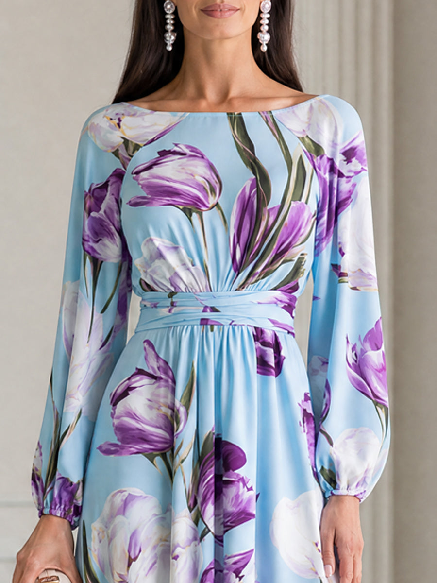 Light Blue Purple Tulip Print Boat Neck Slit Maxi Dress