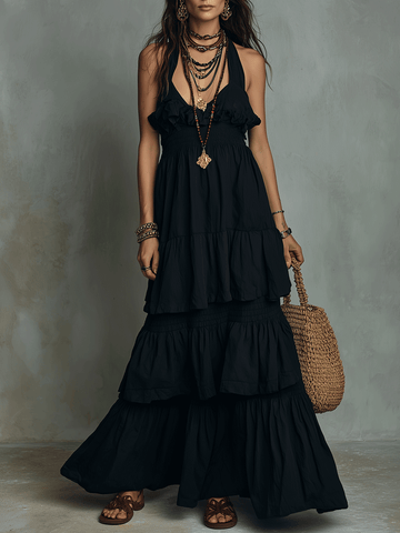 Chic Bohemian Ruffle-Layer Halter Maxi Dress