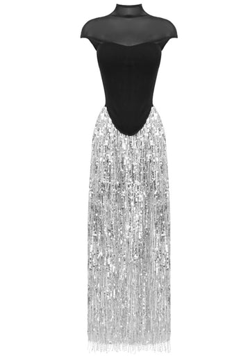 Cap Sleeve Corset Two Piece Maxi Dress Black Silver