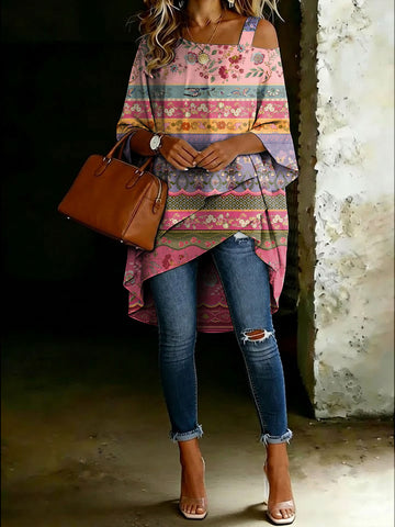 Women's Vintage Floral Cold Shoulder Asymmetrical Hem Blouse