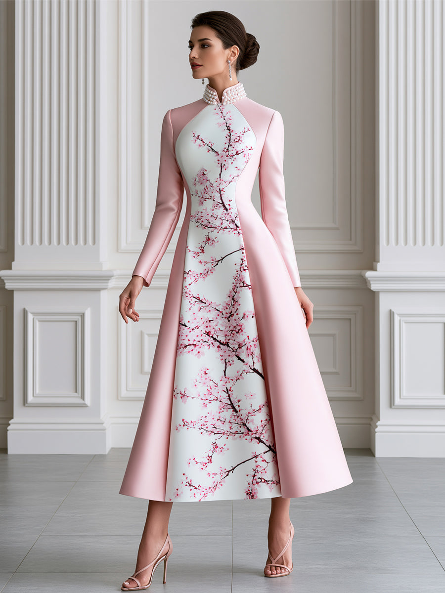 Pink Satin Plum Blossom Print Panel Stand Collar Maxi Dress