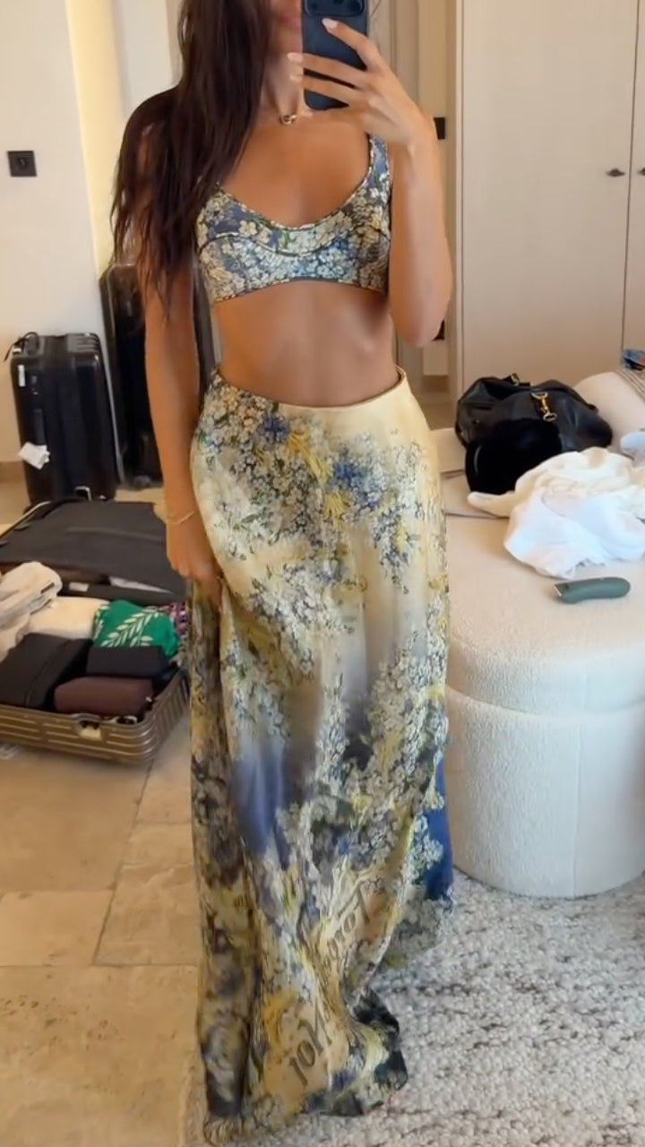 Vintage Floral Gradient Satin Two Piece Matching Set