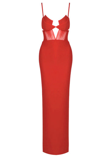 Bustier Draped Mesh Insert Maxi Dress Red