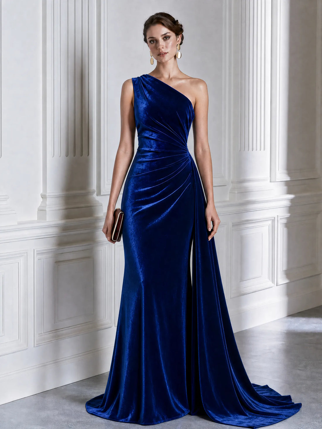 One-Shoulder Velvet Draped Mermaid Evening Gown