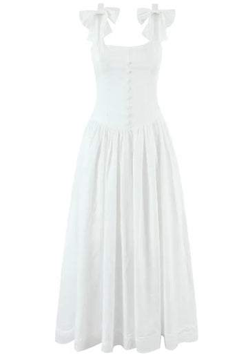 Bow Detail Button A Line Midi Dress White