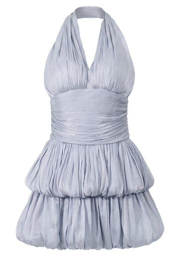 Halter Ruched Bubble Dress Light Blue
