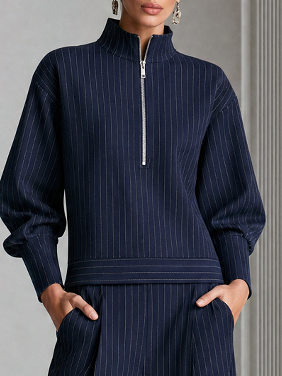 Pinstripe Half-Zip Top And Wide-Leg Pants Set