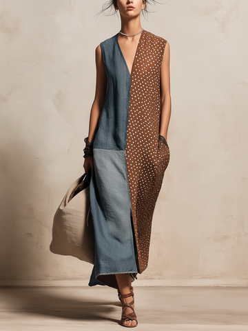 Patchwork Polka Dot Denim Linen-Blend Sleeveless Maxi Dress