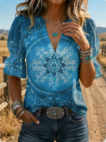 Women's Retro Floral Art Puff Sleeve Casual Shirt