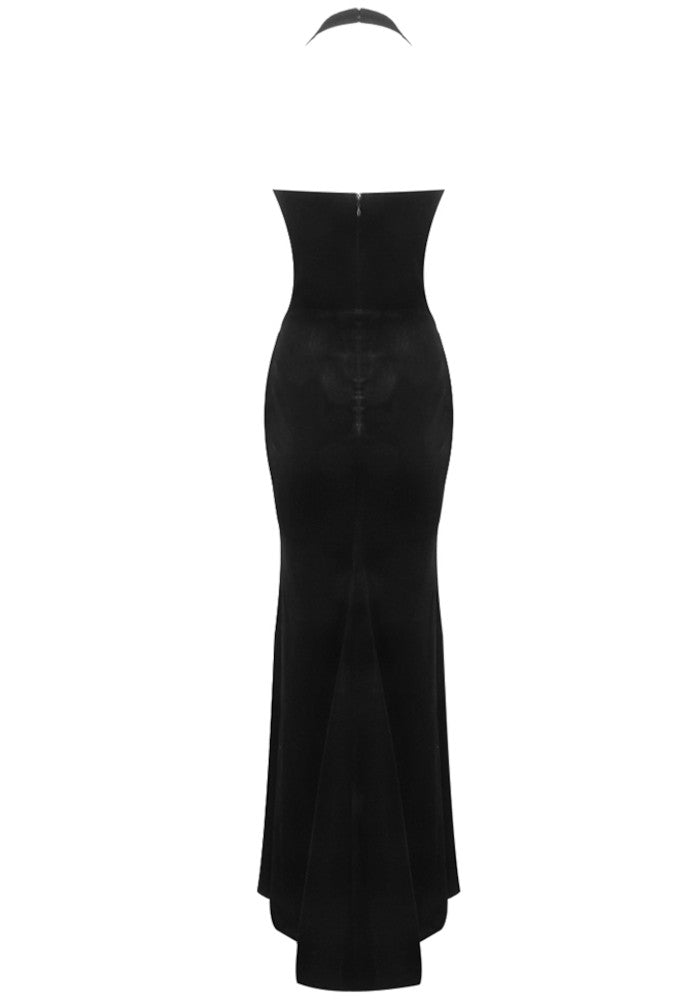 Halter Sequin Floral Corset Maxi Velvet Dress Black