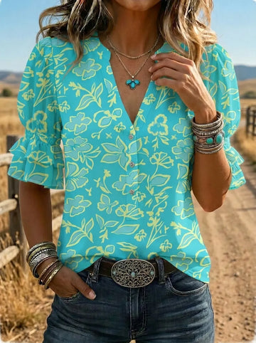 Women's Retro Floral Art Puff Sleeve Casual Shirt