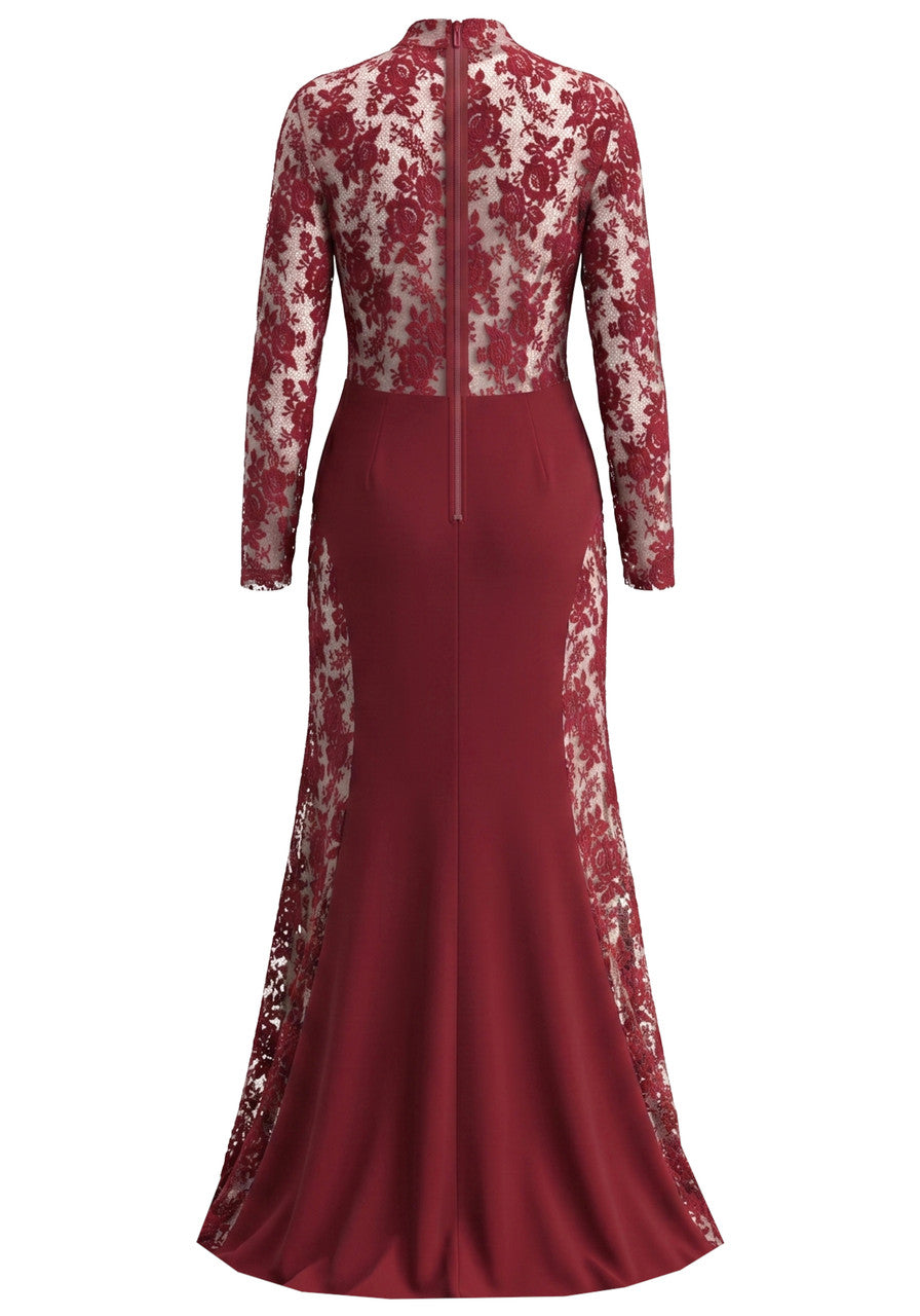 Long Sleeve Floral Lace Maxi Dress Burgundy