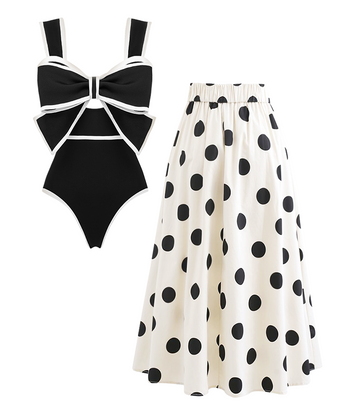 Black and White Bow Decor One Piece Swimsuit and Skirt Flaxmaker