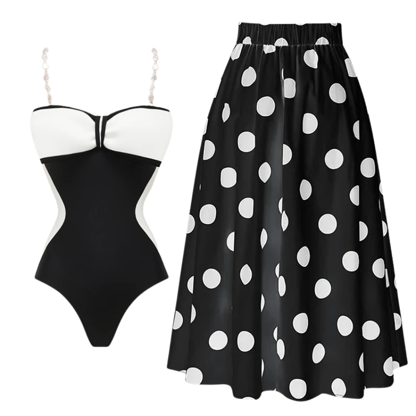 Black and White Bow Decor One Piece Swimsuit and Skirt Flaxmaker