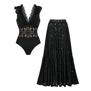 Ruffle Black Laser Cutting Flower Hollow Swimsuit Set(s)