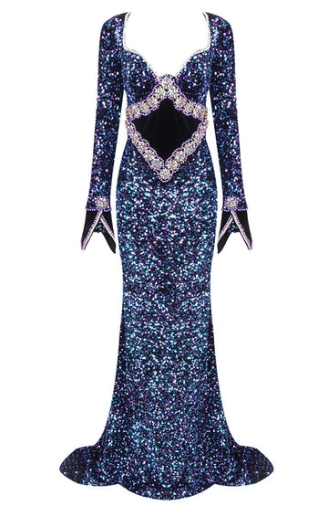 Long Sleeve Crystal Sequin Mermaid Maxi Dress Blue