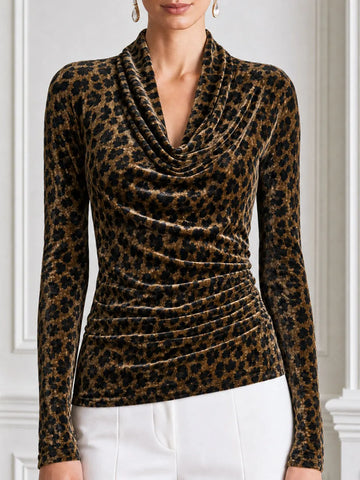 Leopard Print Velvet Cowl Neck Ruched Long Sleeve Top