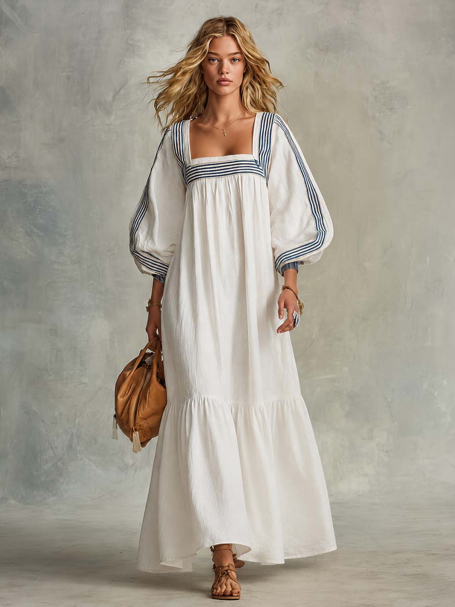 Coastal Striped-Trim Cotton-Linen Square-Neck Puff-Sleeve Babydoll Maxi Dress