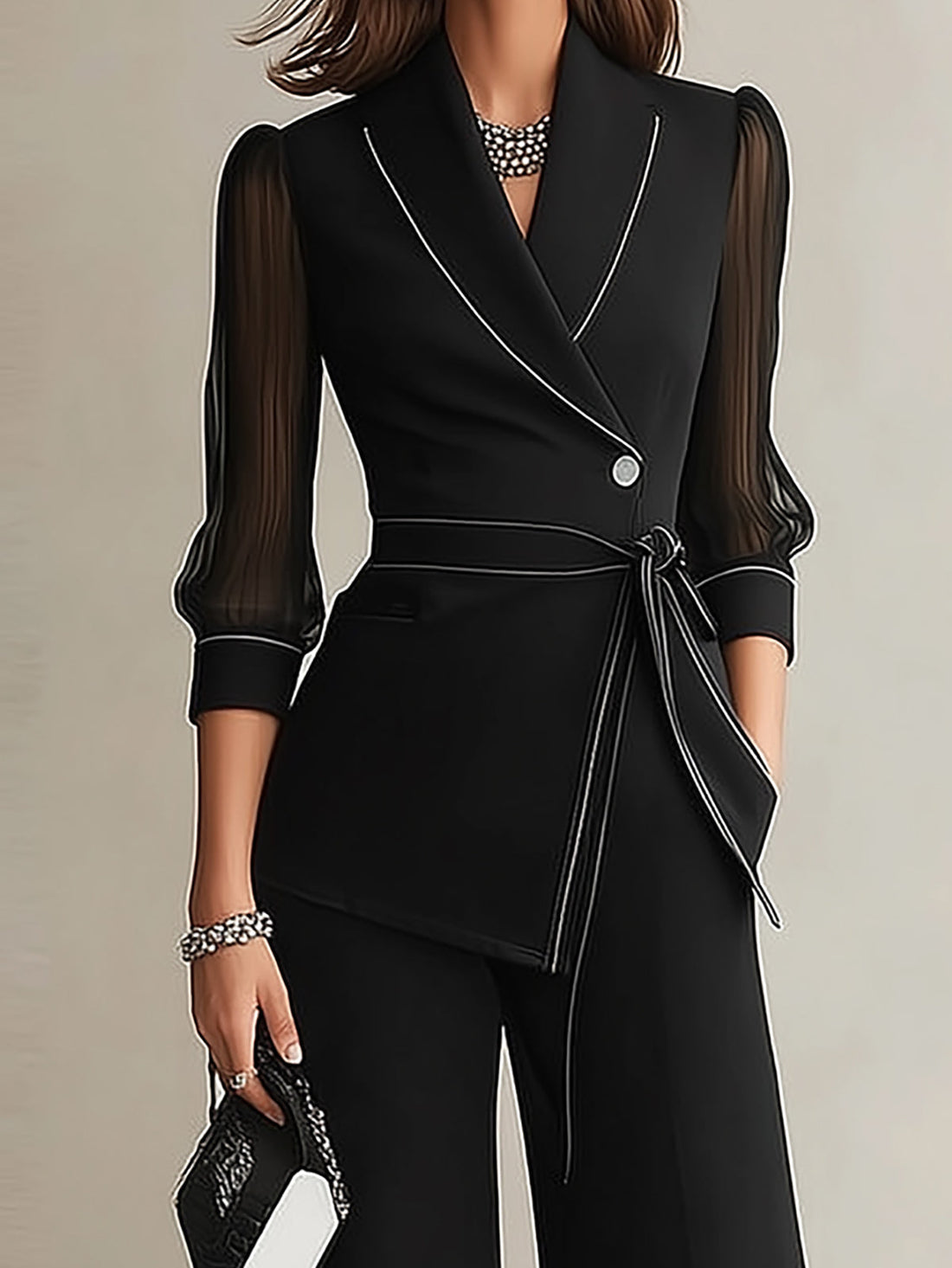 Black Sheer Mesh Sleeve Blazer Wide Leg Pant Set