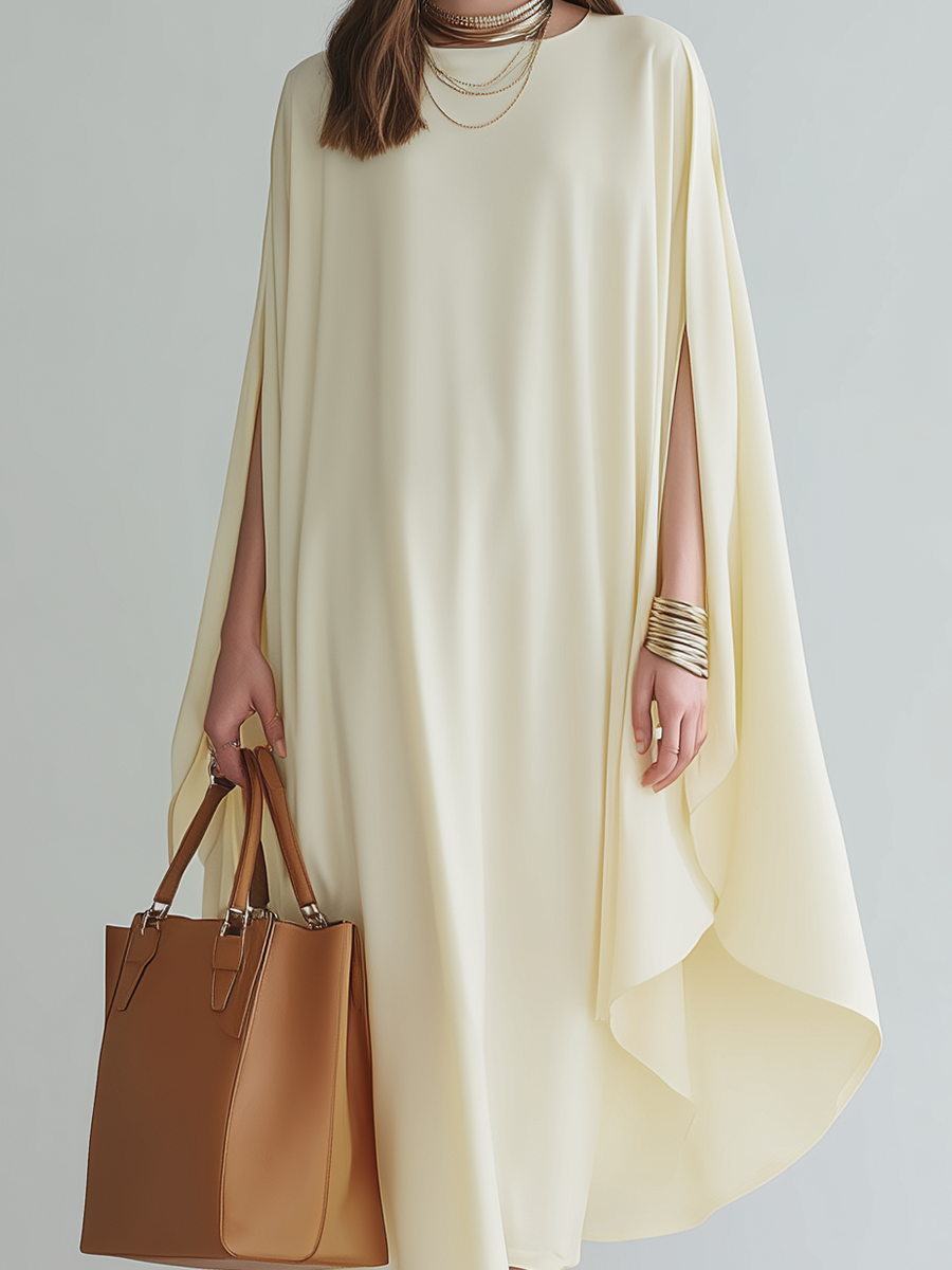 Elegant Fluid Cape-Sleeve Midi Dress