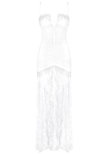 Lace Ruched Corset Maxi Dress White