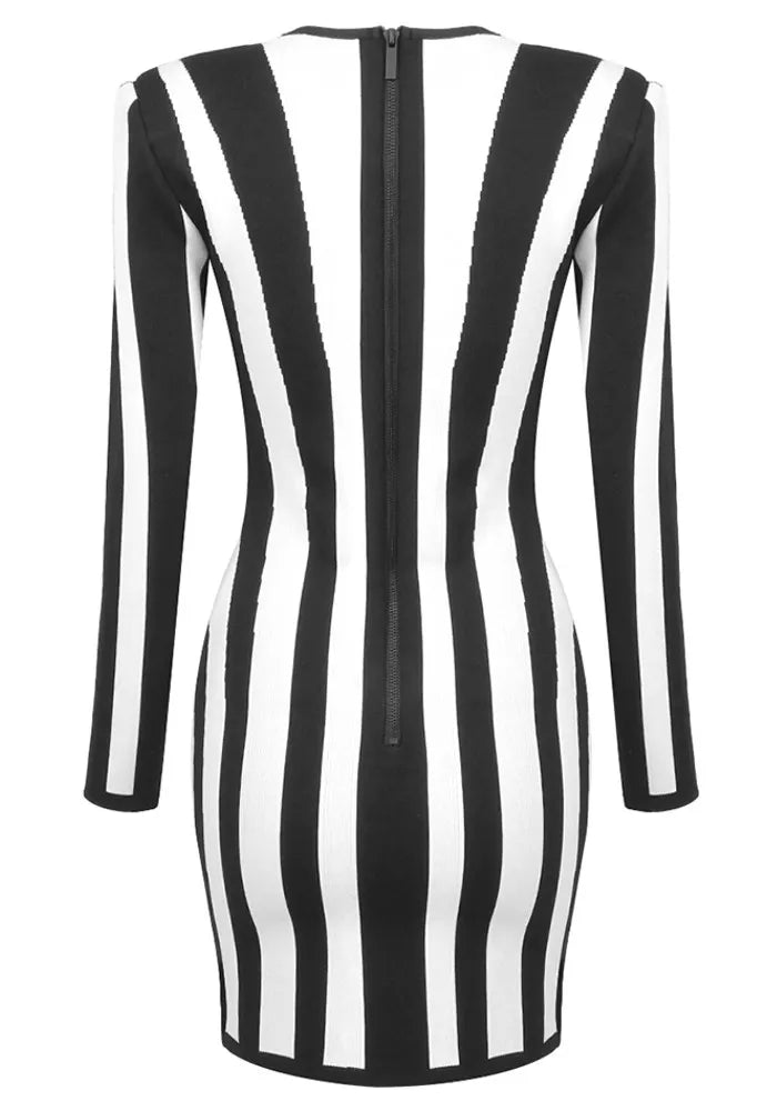Long Sleeve Bustier Striped Dress Black White