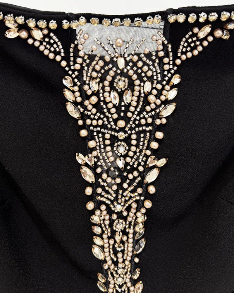 Long Sleeve Bardot Embellished Maxi Dress Black