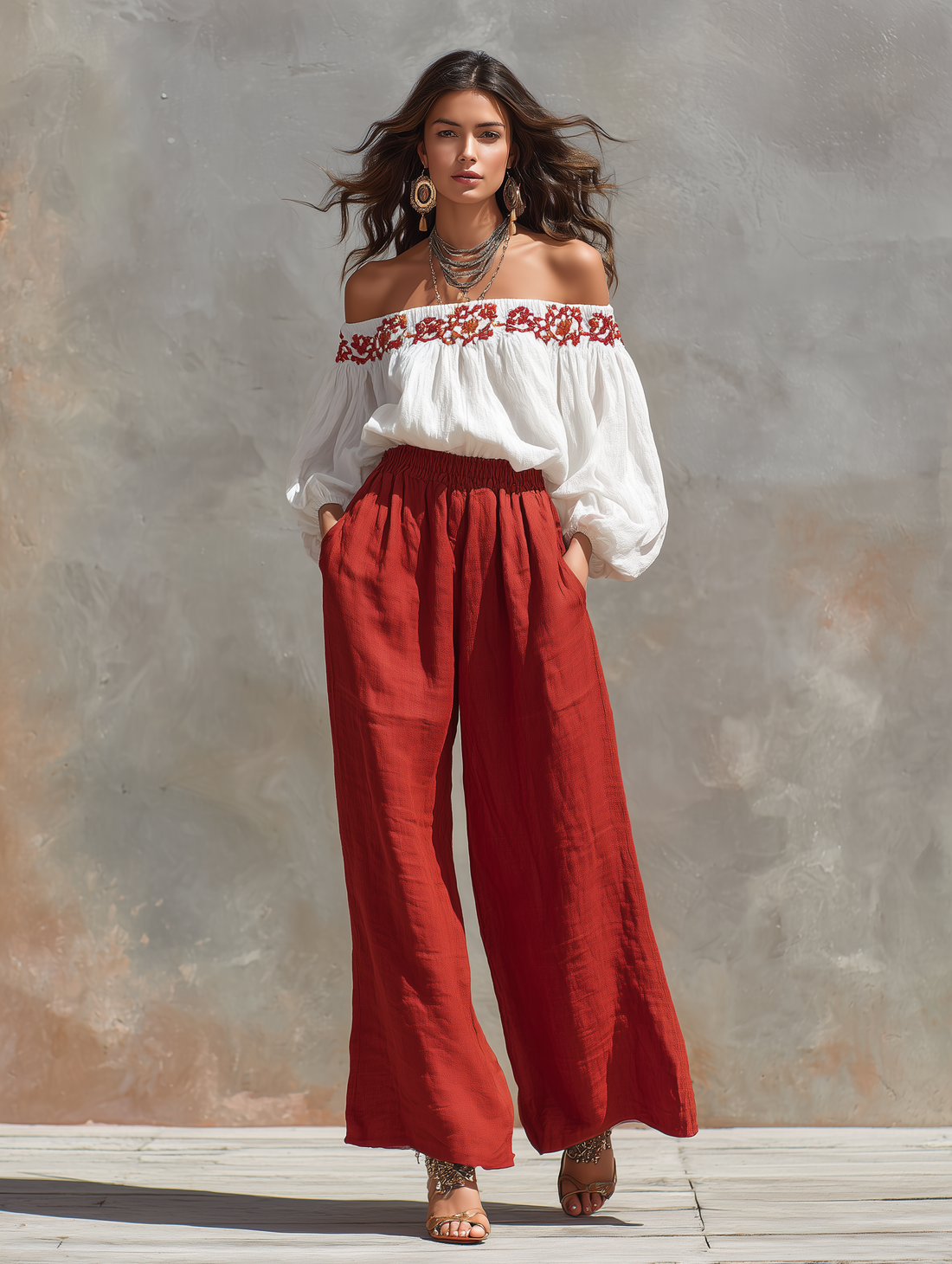 Women's Minimalist Solid-Color Linen-Blend Wide-Leg Pants With Elastic Waist MDZ1346D4Y